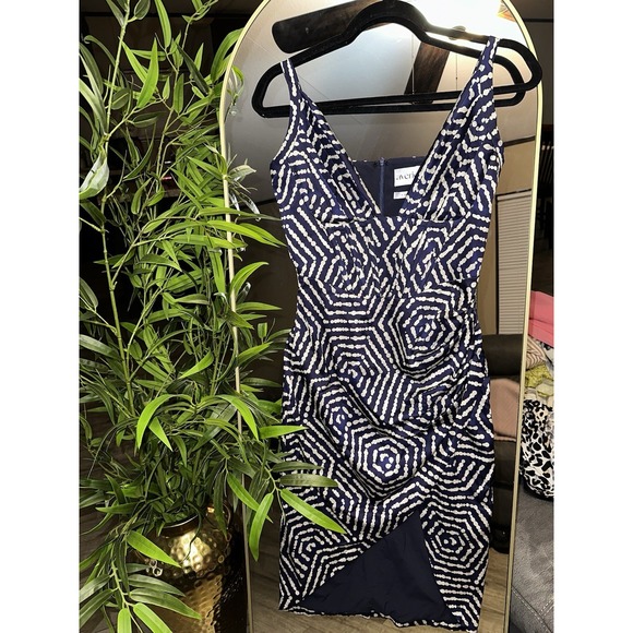 Dresses & Skirts - Averie Dilla Draped Midi‎ Dress Blue White Tulip Hem Satin Women's Size XS